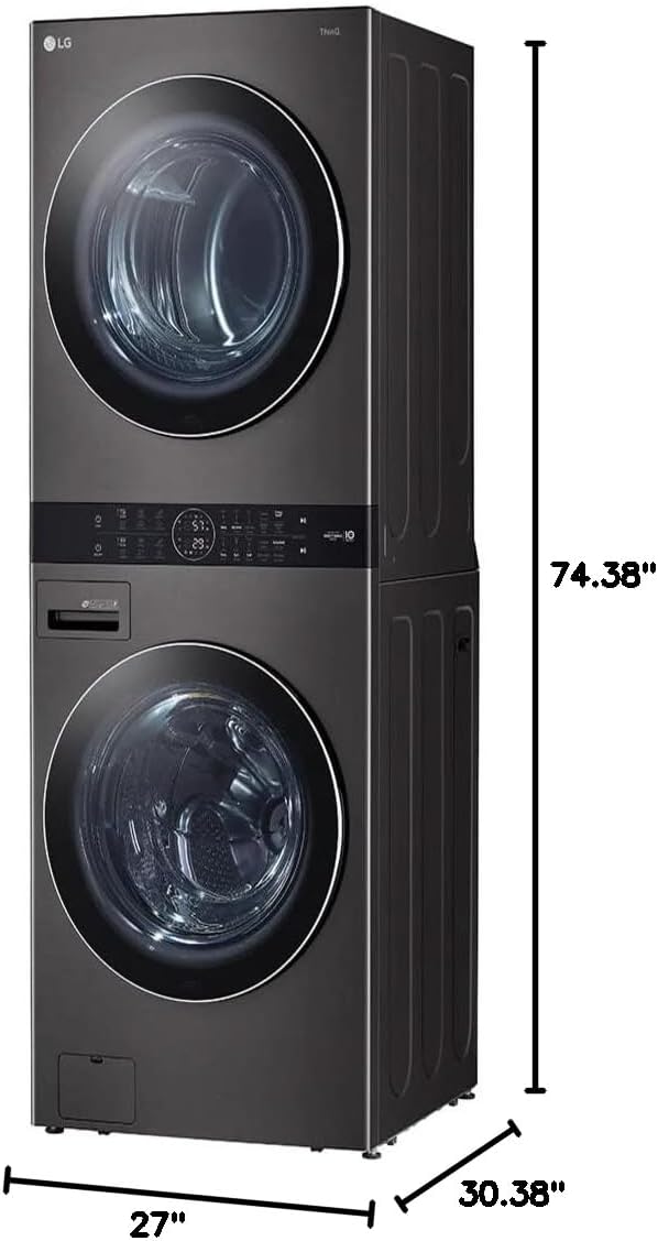 LG WashTower Stacked Smart Laundry Center 4.5 Cu.Ft. Front Load Washer Fully Automatic & 7.4 Cu.Ft. Gas Dryer in Black Steel w/Steam WKGX201HBA