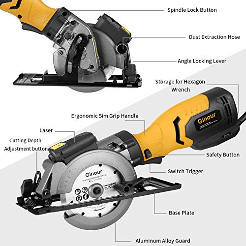 Circular Saw, Ginour 6.2A Mini Circular Saw with Laser Guide, 6 Blades(2 pcs 5\" & 4 pcs 4-1/2”), Max Cutting Depth 1-7/8\'\'(90°), 1-5/16\'\'(45°), Ideal for Wood, Tile, Backerboard, Cement, Drywall