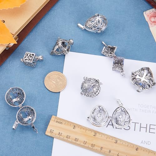 SUNNYCLUE 10Pcs Locket Cage Charms Crystal Necklace Holder Silver Brass Cage Charm Pendants Cube Shape Tree of Life Openable Cross Hollow Chime Ball Pendant for jewellery Making - Image 3