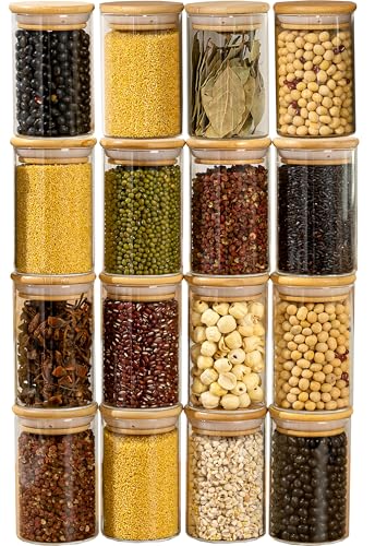 HOMCLASSY Pack 0f 16 250ml Glass Jars With Airtight Bamboo Lids Labels and Chalk, Borosilicate Glass Storage Containers, Spice Jars Set for Tea Coffee Herbs Beans Candies Jellies, Size 10 * 6.5cm