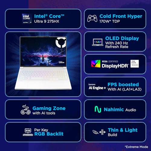 Image of Lenovo Legion 7 2025 Intel Core Ultra 9 275HX| NVIDIA RTX 5070 8GB (32GB RAM /1TB SSD /WQXGA OLED /240Hz /16(40.64cm) /Windows 11 /Office 2024+AI Now /White /2.0Kg), 83KY001GIN AI Powered Gaming Laptop