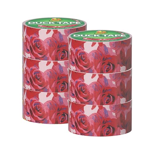 Image of Duck Brand Duct Tape Colors and Patterns, 1.88 Inches x 10 Yards, Red Roses Duct Tape Pattern, 6 Rolls
