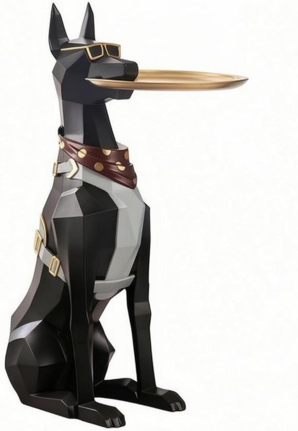 Doberman Statue with Tray Black and Gold Geometric Dog Sculpture Decorative Glasses Dog Tray Stand for Living Room, Entryway, Display Area