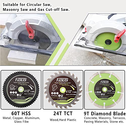 Fachlich 4-1/2" Circular Saw Blades Set,6Pcs Hss/Tct/Diamond Saw Blades For Cutting Wood Metal Plastic Tile 3/8 Inch Arbor #TOP1