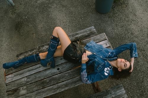 richealnini Platform Heel Knee High Boots for Women Side Zip Up Block Heels Denim Boots4