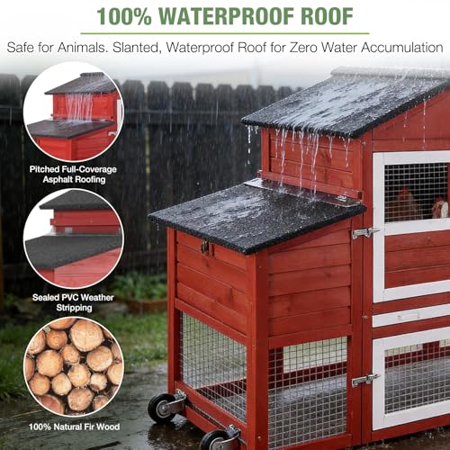 Image of Mobile Chicken Coop with Wheels for 4-6 Chickens, Large Outdoor Hen House with Run, Weatherproof Asphalt Roof, Sectionable Nesting Box & Pull-Out Tray, 82.4 inch L x 25.8 inch W x 44.1 inch H - Red