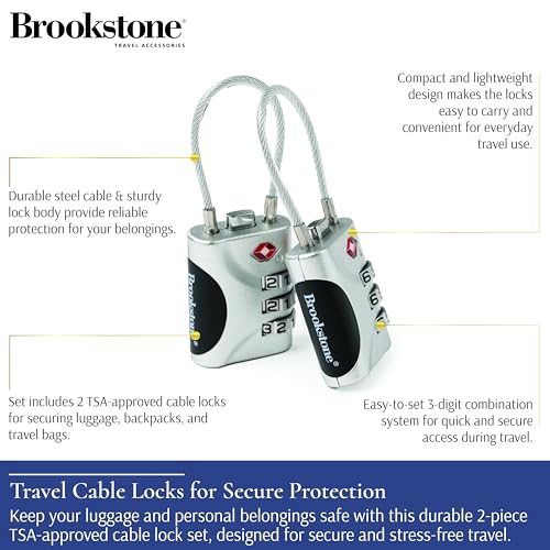 Image of Brookstone Cable Lock - 2 Pack 3-Digit Keyless TSA Approved Locks for Luggage - Resettable Combination Luggage Lock, Size One Size, Silver