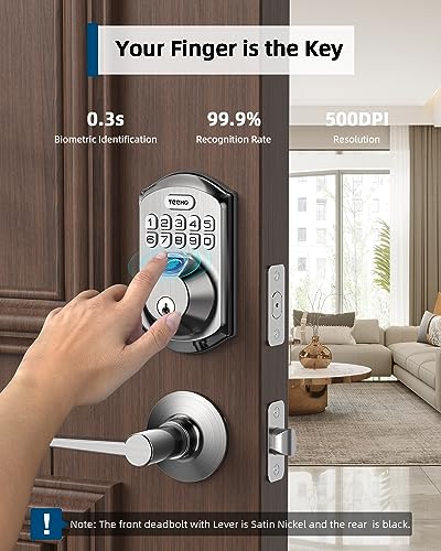 Teeho Te002L Fingerprint Door Lock With 2 Lever Handles, Keyless Entry Deadbolt With Handle Set, Electronic Keypad Deadbolt For Front Door, Auto Lock And 1 Touch Locking, Satin Nickel #TOP3