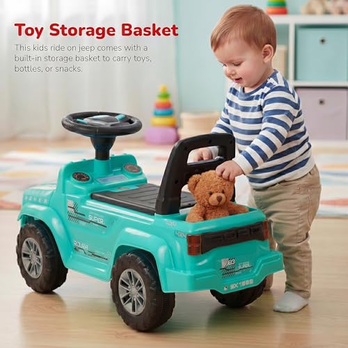 Image of Baybee Rover Baby Ride on Car for Kids | Portable Rideons Jeep with LED Lights & Music | Push Ride on Toys Car with Backrest & Toy Storage Basket | Kids Car to Drive 1-3 Years (Teal)