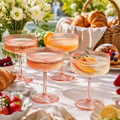 Khen Pink Peach Acrylic Ribbed Coupe Martini Champagne Cocktail Glasses, Set of 4, 8 oz Shatterproof Ripple Stemware European Style Reusable Drinkware Goblets, Indoor Outdoor Parties Weddings Bar Gift by Khen - Used condition - Image 7