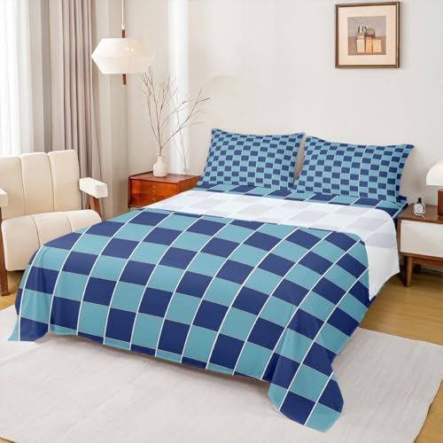 Image of Erosebridal Blue Plaid Bed Sheets Full Navy Blue Checkered Sheet Set Geometric Grids Gingham Bedding Set for Kids Boys Girls,Soft Lightweight Fitted Flat Sheets 4 Piece