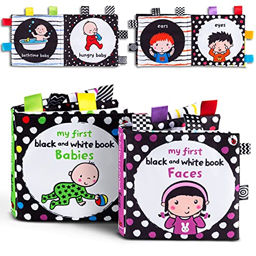 Image of 2 Pack Soft Cloth Baby Books Black and White for Infant Toddler Kids, Colorful High Contrast, Crinkle Washable Chewable Non-Toxic Early Educational Bath Books, Babies & Faces