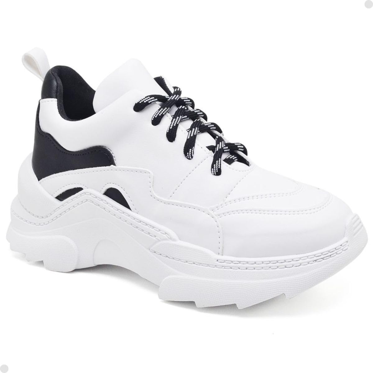 Tênis Tenehi Feminino Sneaker Chunky Branco e Preto com Cadarço Adicional