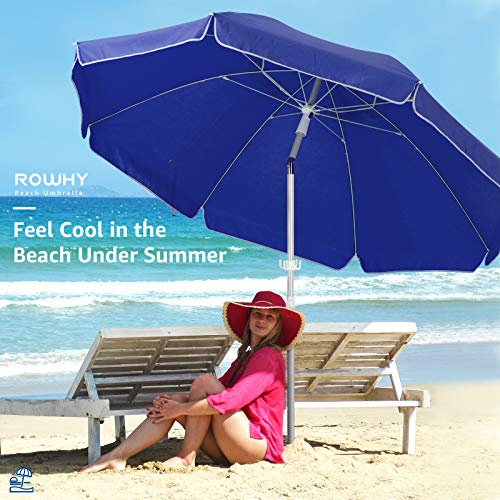 ROWHY 7.5FT Beach Umbrella UV 50+ Outdoor Portable Sunshade Umbrella With Push Button Tilt Sand Anchor and Carry Bag for Patio Garden Beach Pool Backyard (Royal Blue)