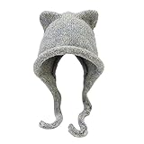 CORIRESHA Women's Cute Cat Ears Crochet Beanie Ear Flap Winter Warm Knit Hat Light Grey