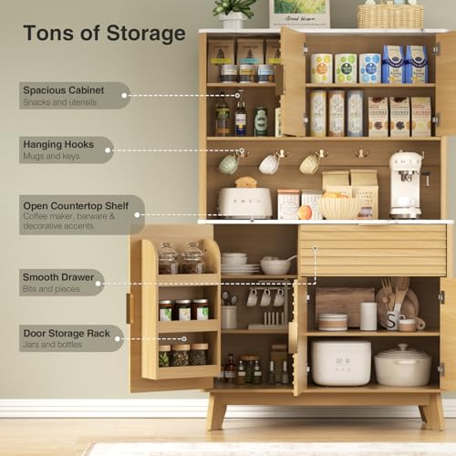 Image of Vabches 65 inch Kitchen Pantry Storage Cabinet, Fluted Kitchen Hutch Cabinet with 4 Charging Stations and Large Countertop, Open Shelves & Drawers for Dining Room, Living Room,Modern, Natural