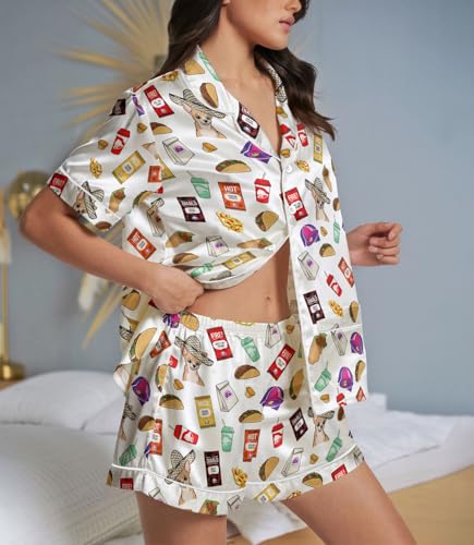 Image of HUNTFAMI Womens Soft Silky Satin Pajamas Set, 2 Pcs Sleep Short Pajamas for Mom and Grandma Button Down Summer Loungewear