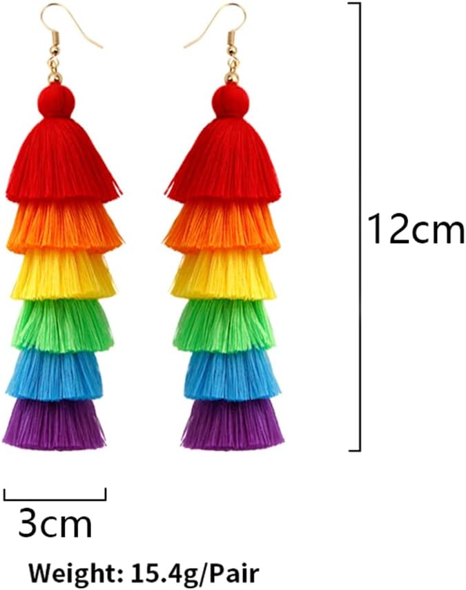 Rainbow Layered Boho Tassel Dangle Drop Earrings for Women Men Long Lightweight Fringe Dangling Colorful Earring Jewelry image 2