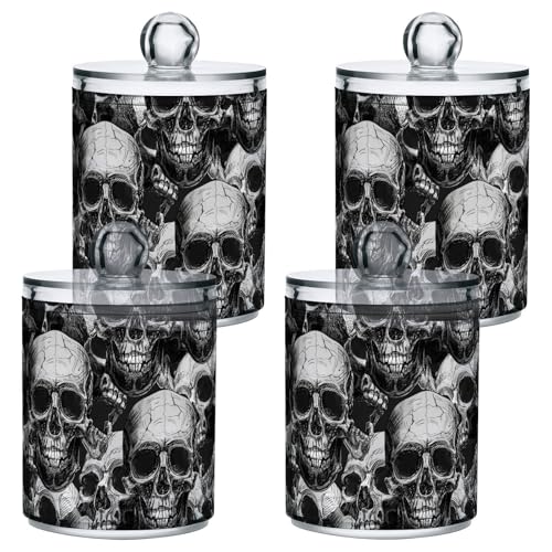 Mnsruu 4 Pack Qtip Holder Organizer Dispenser Black Goth Skull Bathroom Containers Plastic Bathroom Vanity Storage Canister Apothecary Jars for Cotton Swabs/Pads/Floss