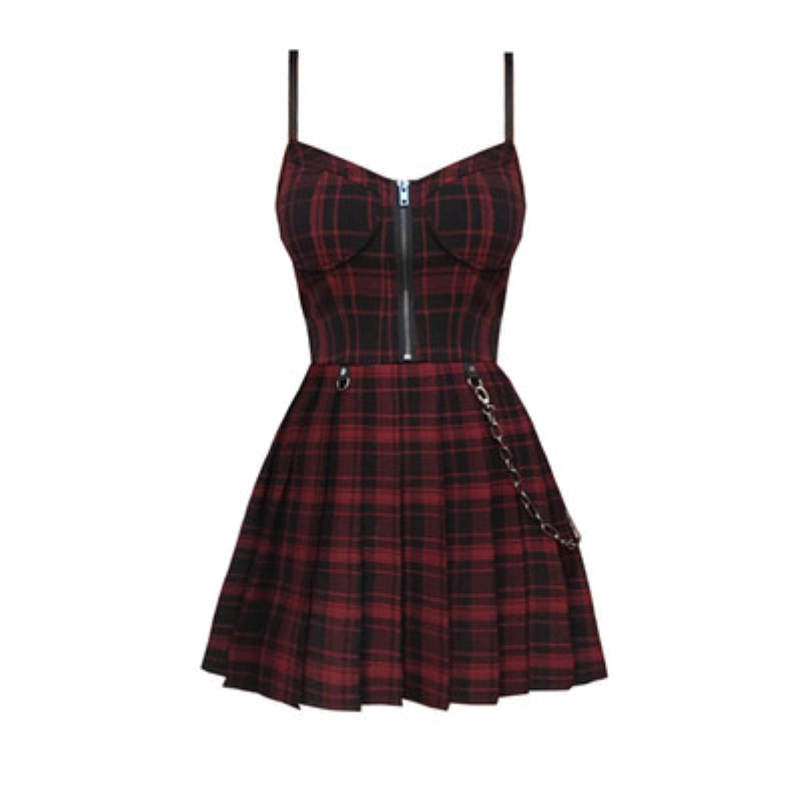 AWYR Gothic Lolita Plaid Dress Punk Pleated Dresses Spaghetti Strap Mini Jurken Alt Goth Streetwear Vestido Feminino-002,XXXL
