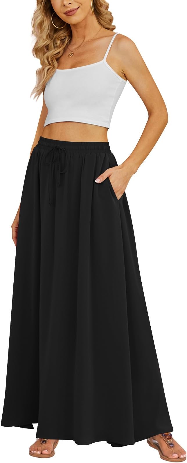 Women's Flowy Maxi Skirt Summer Pleated High Waisted Casual Long Skirts with Pockets