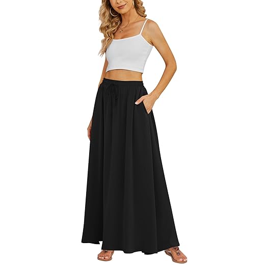 Yincro Women's Flowy Maxi Skirt Summer Pleated High Waisted Casual Long Skirts with Pockets