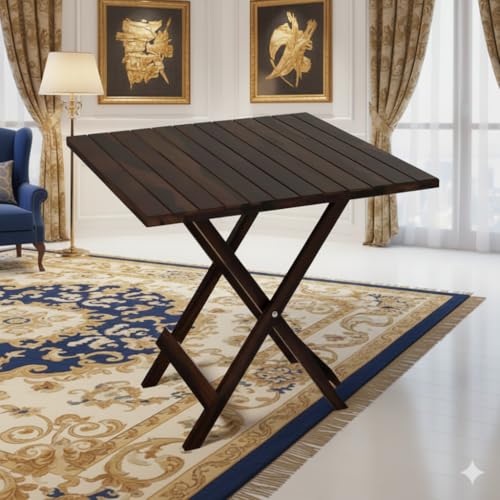 Image of WELL KNOWN Solid Sheesham Wood Round Shape Folding Coffee Table, Center 1 Table for Indoor & Garden Outdoor, Fold-Away Coffee tee (Walnut Finish-Square)