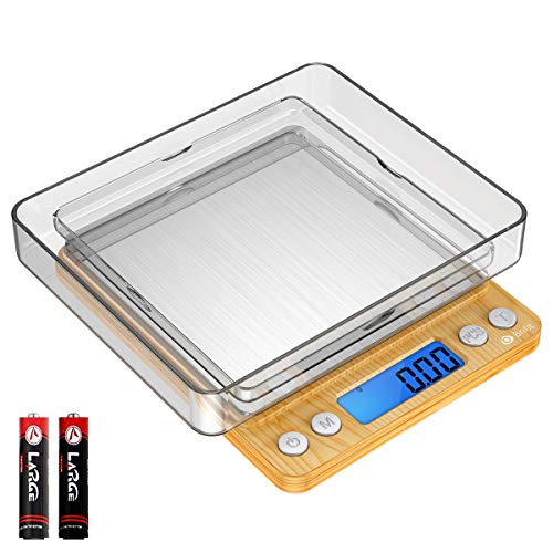 AMIR Digital Kitchen Scale, 500g Mini Pocket Jewelry Scale, Cooking Digital Food Scale with Back-Lit LCD Display, 2 Trays, 6 Units (Battery Included)