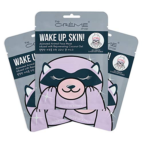 The Crème Shop | Korean Skin Care Wake Up, Skin! Animal Raccoon Face Sheet Mask 3 Pack - Infused with Rejuvenating Coconut Gel