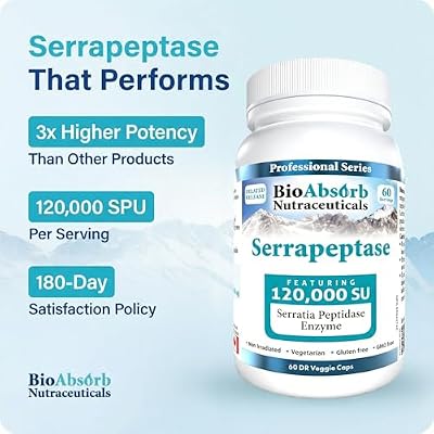 مكمل Bio Absorb Serrapeptase 120000 SPU، عالي الفعالية، متأخر الإطلاق