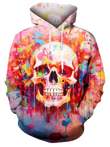 ALISISTER Felpa con Cappuccio con Stampa Teschio 3D per Uomo Donna Felpa con Cappuccio Bianca con Tasca con Coulisse Fodera in Pile per la Festa di Halloween XL
