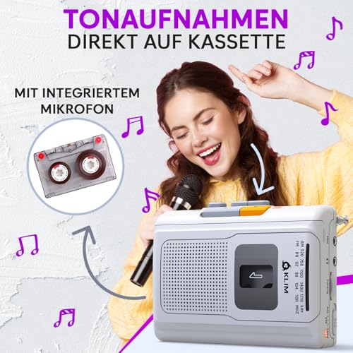 KLIM K8 Kassettenspieler - Kassettenrekorder - NEU Cassette Player - AM/FM Kassettenradio - Eingebautes Mikrofon & Lautsprecher - Kopfhöreranschluss & Ohrhörer - Weiß