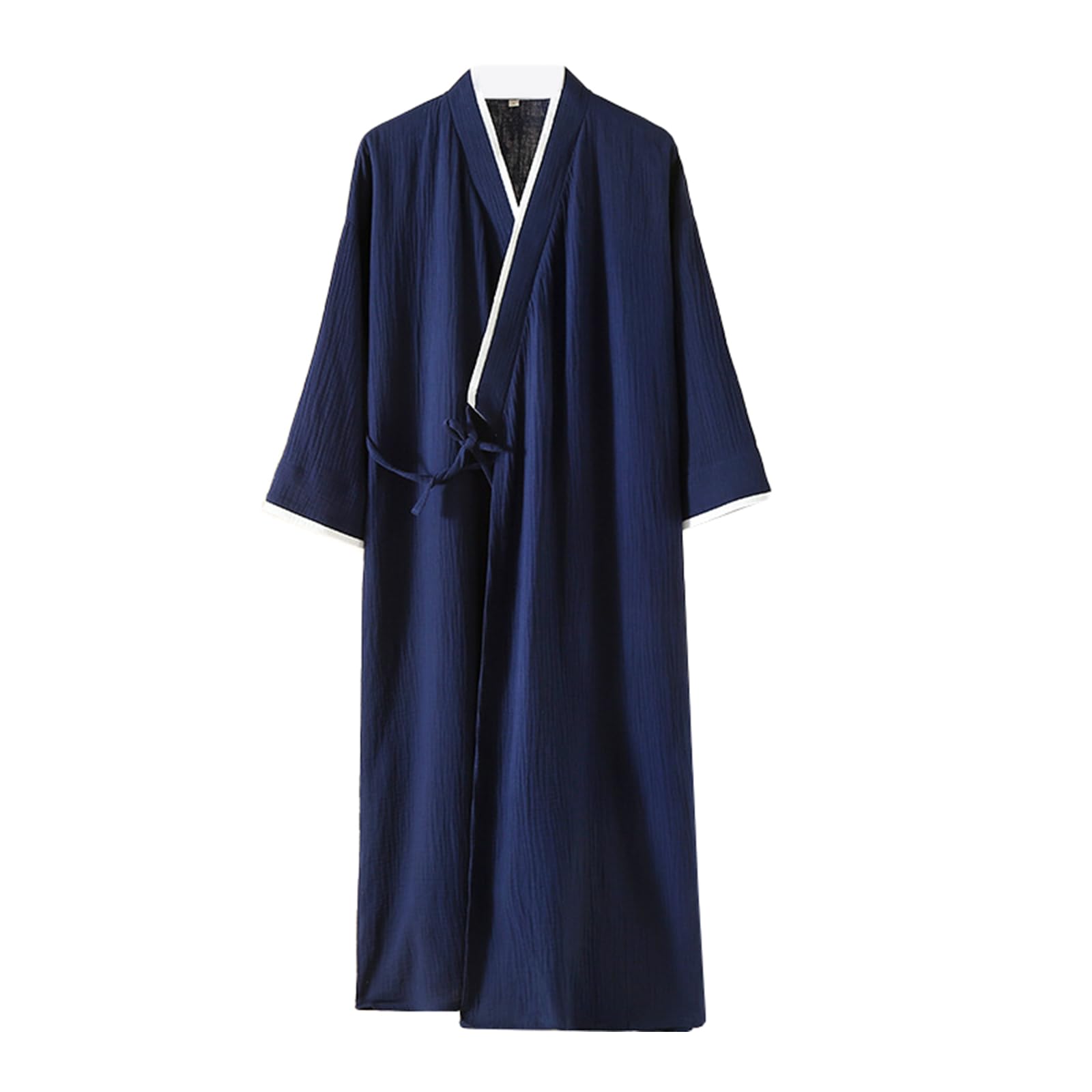 TIANQIHAO Mens Kimono Robe Lightweight Soft Bathrobe Sleepwear Japanese Long Robe Loungewear With Pockets,Navy White-Medium