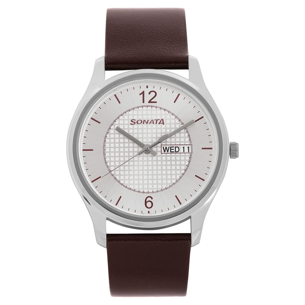 Sonata Quartz Analog with Day and Date Silver Dial Leather Strap Watch for Men-NS77082SL02W (B0BS3N5C7H) Amazon Price History, Amazon Price Tracker