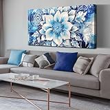 Flower Picture Wall Decor for Bedroom Large Blue Flower Canvas Wall Art for Office Framed Floral Wall Art for Living Room Ready To Hang Size 40 x 20 Inch