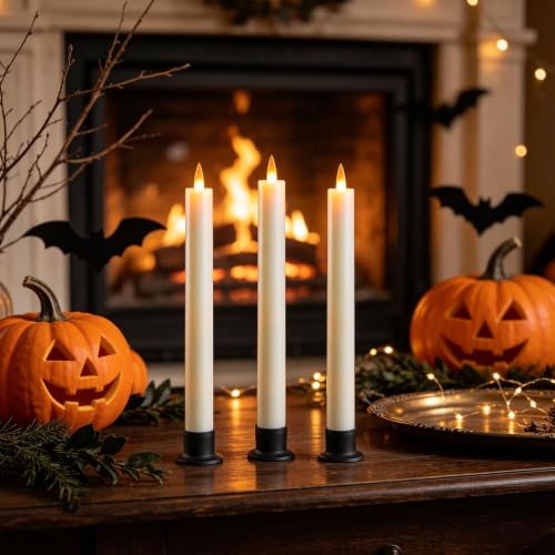 Image of Da by 3 Pack Ivory Heat Resistant Flameless Taper Candles, Realistic Dynamic Flame LED Candles, Reusable ABS Candle Lights with Remote Control for Indoor Outdoor Decor