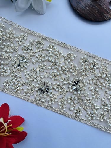 Ribete de encaje Zari dorado premium hecho a mano con perlas y espejos, 4" 6