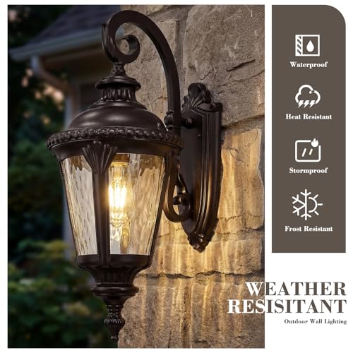 Image of Emliviar Vintage Outdoor Wall Mount Light for Porch, 24.4 Inch Wall Sconce Lantern Lamp in Oil Rubbed Bronze Finish, Water Ripple Glass, XE265B-M ORB-SW