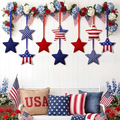 Breling 12 Pcs 4th of July Felt Star Ornaments 3.54 Inch Patriotic American Stars Hanging Decorations Red Blue White Felt Hanging Crafting for Memorial 250th Anniversary Independence Day DIY Decor