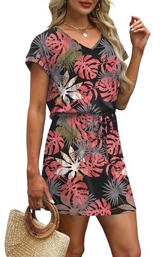 Image of OFEEFAN Summer Dresses for Women 2026 V Neck T Shirt Casual Mini Dresses Tie Waist Sundresses with Pockets