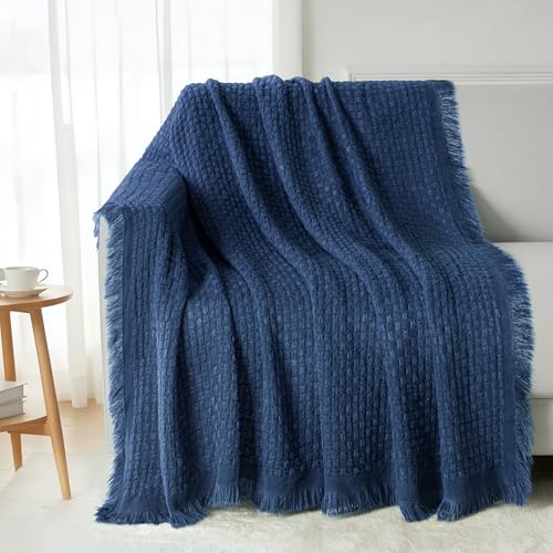 Exclusivo Mezcla Kuscheldecke Strickdecke mit Fransen, Weiche & Leichte Tagesdecke Bettüberwurf mit strukturierter Optik für Sommer, 130x150 cm, Marineblau