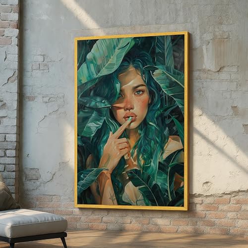 Toile nature botanique femme aux cheveux verts sans cadre impression haute definition