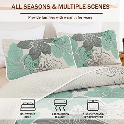 Djy 3 Pieces Quilt Set Queen Green Floral Pattern Quilt Coverlet Bohemian Floral Bedspread With 2 Pillow Shams Elegant Lightweight Bedding Quilt Set For All Season 90"X96" #TOP4