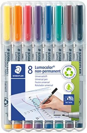 STAEDTLER Lumograph Non-Permanent Wet Erase Marker Pens, Fine Tip Refillable Colored Markers, 8 Pack, 315 WP8