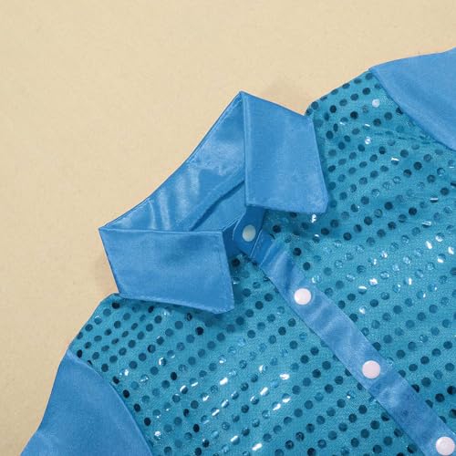 Kids Girls Sparkly Sequins Dance Top Boys Long Sleeve Button Down Shirt for Jazz Dance Long (Sky Blue, 9-10 Years)2