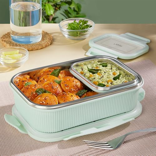 Image of Larah by BOROSIL Freshbyte Stainless Steel Lunch Box | 800 ml + 200 ml Rectangle Container Set | Airtight, Dishwasher Safe Tiffin | Portable Kids Tiffin | 1 Year Warranty (Green)