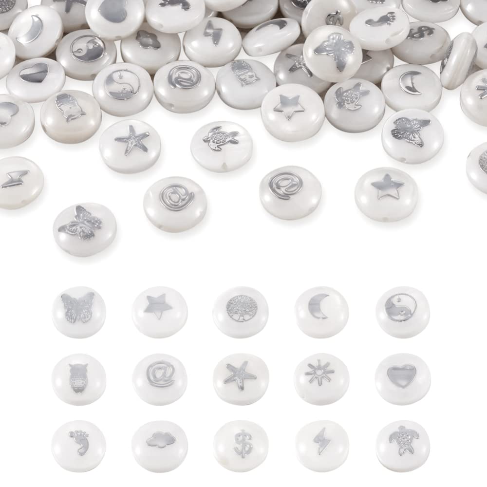 Boutigem 60Pcs Flat Round Shell Beads with Platinum Color Star Butterfly Heart Owl Footprint Embellishments Beads for Jewelry DIY Making — image 1