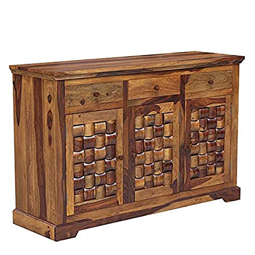 Image of Solid Sheesham Wood Multipurpose Sideboard Storage Cabinet with 3 Drawers & 3 Door for Home and Living Room Furniture (P. Teak)