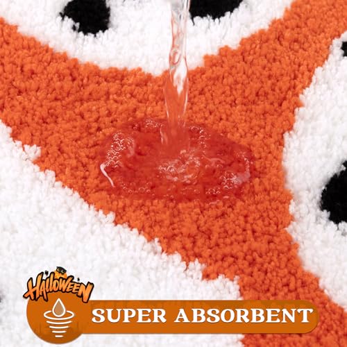 Pauwer Halloween Bathroom Rugs Sets 3 Piece, Fall Microfiber Bath Mats for Bathroom with U-Shaped Contour Toilet Rug, Spooky Soft Absorbent Washable Non Slip Bath Mat Set, Orange Ghost