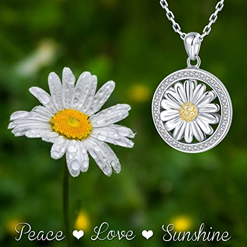 Bolelis 925 Sterling Silver Daisy Necklace For Women - Round Spinner Daisy Flower Pendant With Cubic Zirconia Shining Rotatable Daisy Jewelry For Teen Girls,Rolo Chain 18"+2" #TOP3